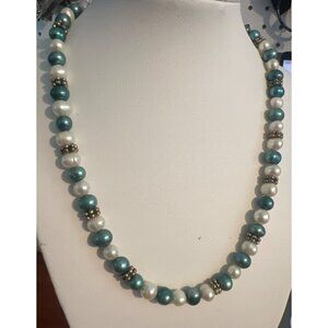 Vintage Freshwater Pearl Necklace Collar White Blue Silver Tone Estate Adj 20"